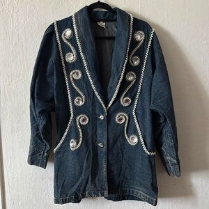 Vintage Denim-look Blazer Jacket size Medium Pearl Sequin